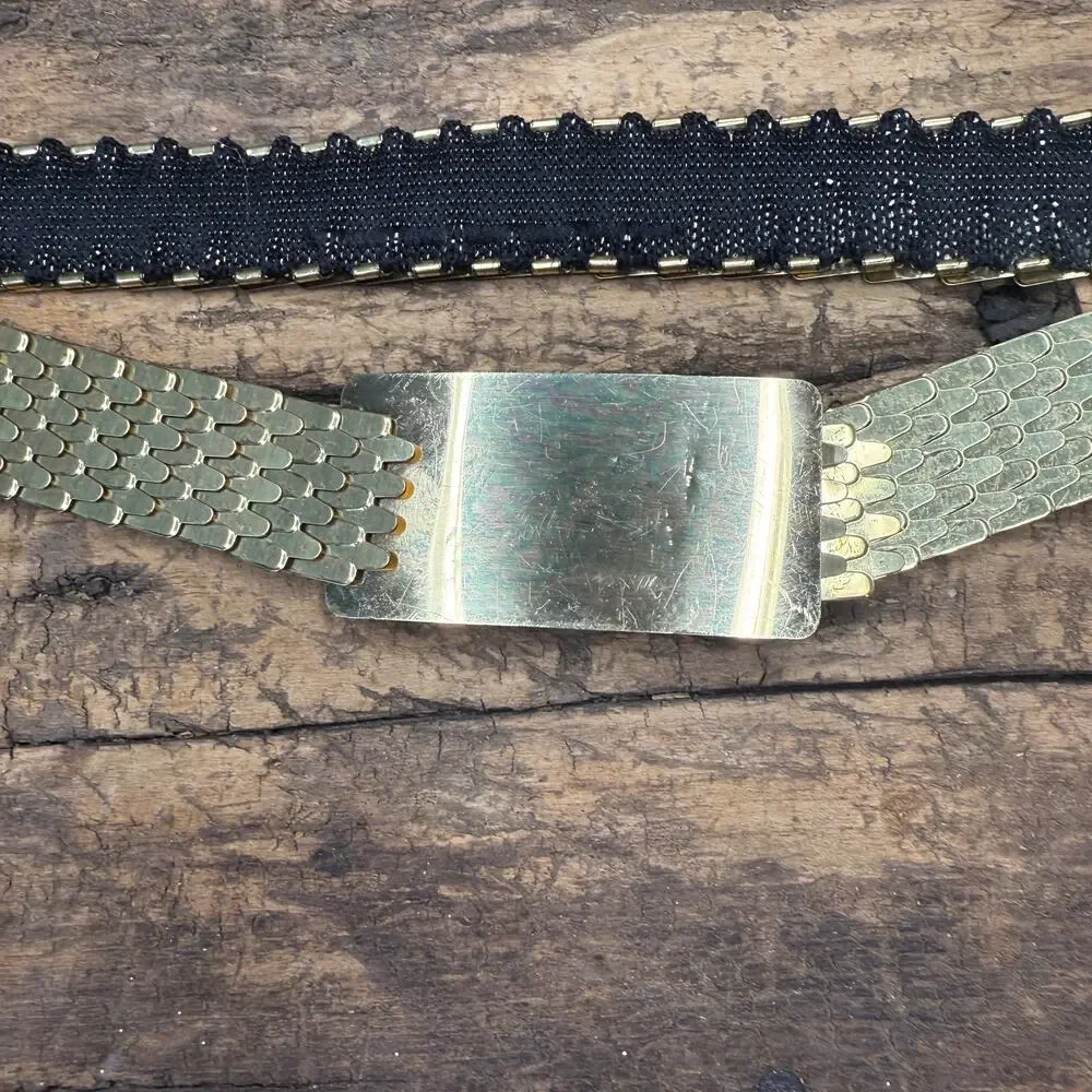 Vintage Gold Fish Scale Metal Link Elastic Stretch Belt Push Clasp Women's OS